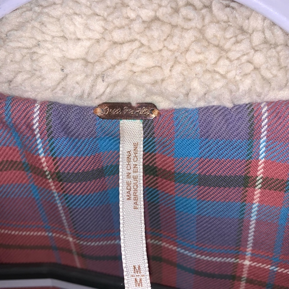 Free People Plaid Lined Denim Sherpa Collar Trucker Oversized Jacket Medium - Picture 6 of 9